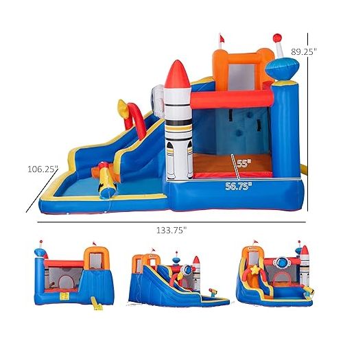  Outsunny 5-in-1 Kids Bounce House Inflatable Water Slide with Pool, Water Cannon, Climbing Wall, Inflator Included, Jumping Castle Kids Backyard Activity Outdoor Water Play Toy