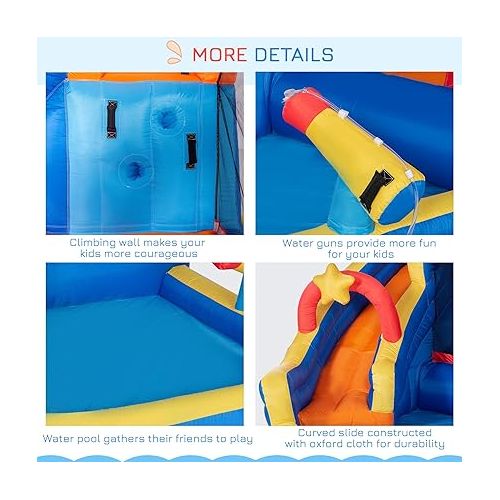  Outsunny 5-in-1 Kids Bounce House Inflatable Water Slide with Pool, Water Cannon, Climbing Wall, Inflator Included, Jumping Castle Kids Backyard Activity Outdoor Water Play Toy