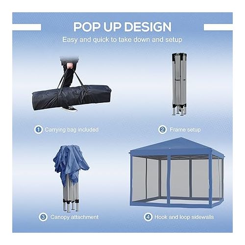  Outsunny 10' x 10' Pop Up Canopy Tent with Netting, Instant Gazebo, Screen House Room with Carry Bag, Height Adjustable, for Outdoor, Garden, Patio, Camping, Blue