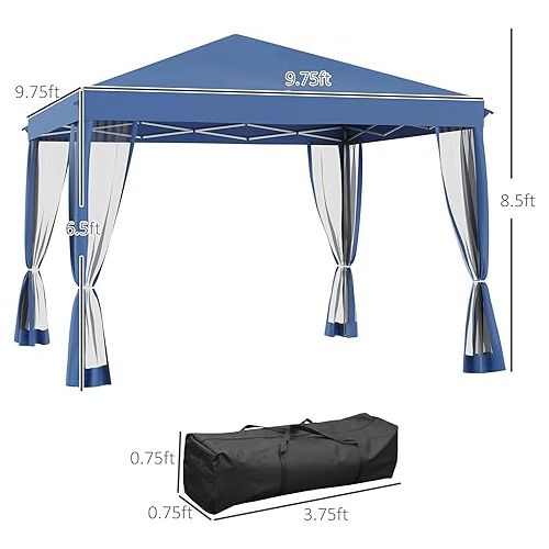  Outsunny 10' x 10' Pop Up Canopy Tent with Netting, Instant Gazebo, Screen House Room with Carry Bag, Height Adjustable, for Outdoor, Garden, Patio, Camping, Blue