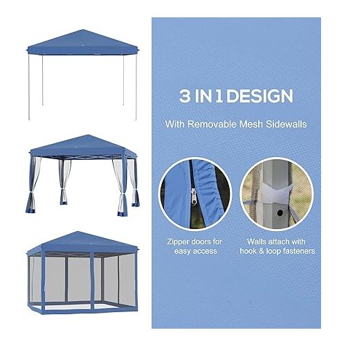  Outsunny 10' x 10' Pop Up Canopy Tent with Netting, Instant Gazebo, Screen House Room with Carry Bag, Height Adjustable, for Outdoor, Garden, Patio, Camping, Blue