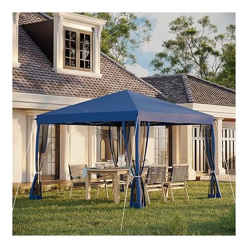  Outsunny 10' x 10' Pop Up Canopy Tent with Netting, Instant Gazebo, Screen House Room with Carry Bag, Height Adjustable, for Outdoor, Garden, Patio, Camping, Blue