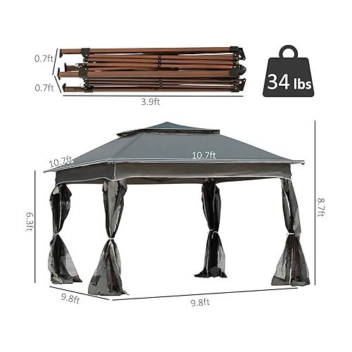  Outsunny 11' x 11' Pop Up Canopy, Outdoor Patio Gazebo Shelter with Removable Zipper Netting, Instant Event Tent w/ 114 Square Feet of Shade and Carry Bag for Backyard, Garden, Dark Gray