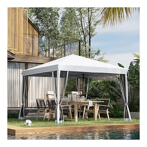  Outsunny 10' x 10' Pop Up Canopy Tent with Netting, Instant Gazebo, Ez up Screen House Room with Carry Bag, Height Adjustable, for Outdoor, Garden, Patio, Cream White