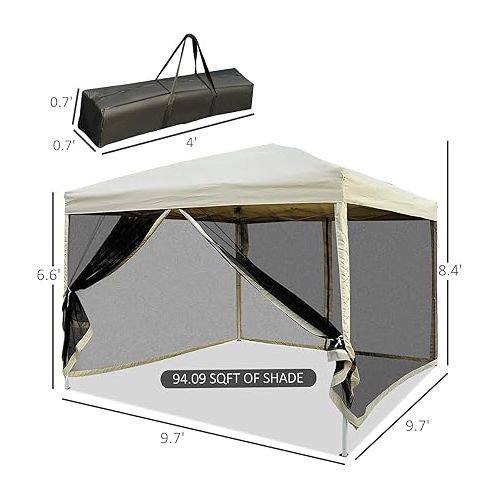  Outsunny 210D Oxford 10' x 10' Pop Up Canopy Tent with Netting, Instant Screen Room House, Tents for Parties, Height Adjustable, with Carry Bag, for Outdoor, Garden, Patio