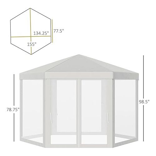  Outsunny 13' x 11' Canopy Tent, Sun Shelter with Protective Mesh Screen Walls, Hexagon Outdoor Tent for Parties, Cream White