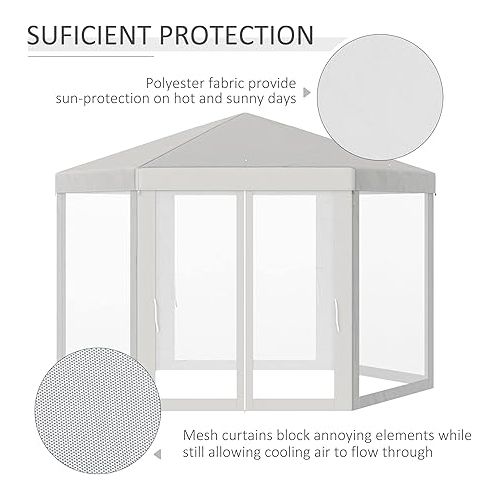  Outsunny 13' x 11' Canopy Tent, Sun Shelter with Protective Mesh Screen Walls, Hexagon Outdoor Tent for Parties, Cream White