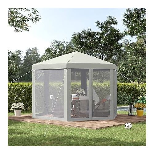  Outsunny 13' x 11' Canopy Tent, Sun Shelter with Protective Mesh Screen Walls, Hexagon Outdoor Tent for Parties, Cream White