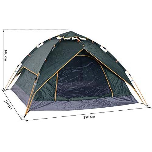  Outsunny Doppelzelt Campingzelt Outdoorzelt Familienzelt Quick-Up-Zelt 2 Erwachsene + 1 Kind 4 Jahreszeiten wasserdicht Tragetasche 2 Tueren Polyester + Glasfaser Dunkelgruen 210 x 2