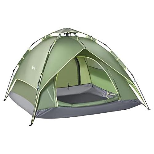  Outsunny Doppelzelt Campingzelt Outdoorzelt Familienzelt Quick-Up-Zelt 2 Erwachsene + 1 Kind 4 Jahreszeiten wasserdicht Tragetasche 2 Tueren Polyester + Glasfaser Dunkelgruen 210 x 2