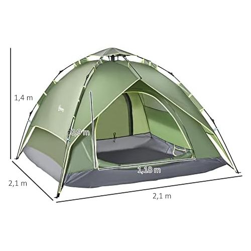  Outsunny Doppelzelt Campingzelt Outdoorzelt Familienzelt Quick-Up-Zelt 2 Erwachsene + 1 Kind 4 Jahreszeiten wasserdicht Tragetasche 2 Tueren Polyester + Glasfaser Dunkelgruen 210 x 2