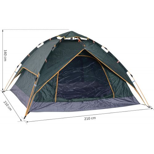  Outsunny Doppelzelt Campingzelt Outdoorzelt Familienzelt Quick-Up-Zelt 2 Erwachsene + 1 Kind 4 Jahreszeiten wasserdicht Tragetasche 2 Tueren Polyester + Glasfaser Dunkelgruen 210 x 2