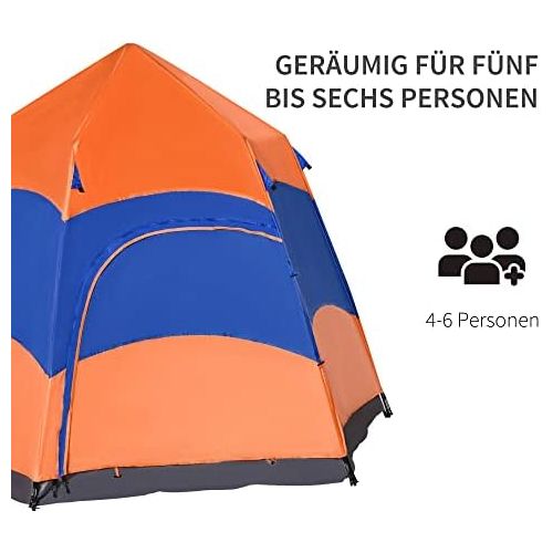  Outsunny Quick Up Tent Double Wall Tent Outdoor Family Tent Pop-Up for 5-6 People 4 Seasons Waterproof with Carry Bag Mosquito Net 2 Doors Polyester + Fiber Orange + Blue 280 x 280