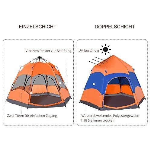  Outsunny Quick Up Tent Double Wall Tent Outdoor Family Tent Pop-Up for 5-6 People 4 Seasons Waterproof with Carry Bag Mosquito Net 2 Doors Polyester + Fiber Orange + Blue 280 x 280