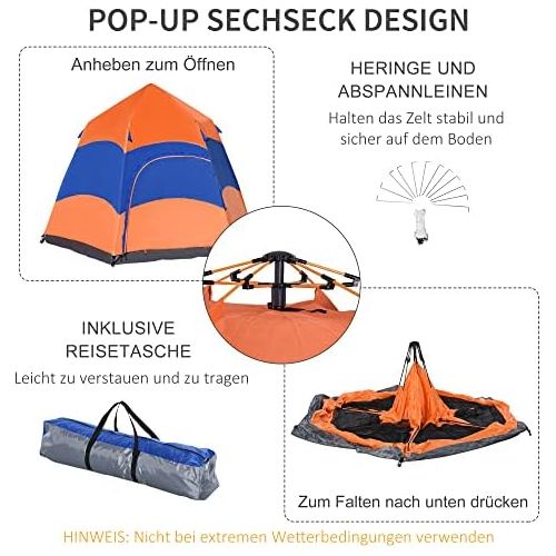  Outsunny Quick Up Tent Double Wall Tent Outdoor Family Tent Pop-Up for 5-6 People 4 Seasons Waterproof with Carry Bag Mosquito Net 2 Doors Polyester + Fiber Orange + Blue 280 x 280