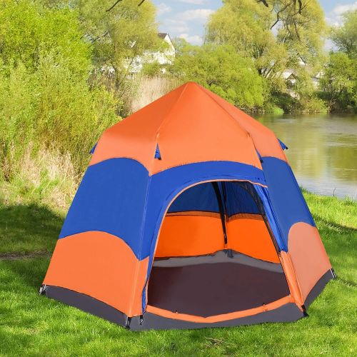  Outsunny Quick Up Tent Double Wall Tent Outdoor Family Tent Pop-Up for 5-6 People 4 Seasons Waterproof with Carry Bag Mosquito Net 2 Doors Polyester + Fiber Orange + Blue 280 x 280