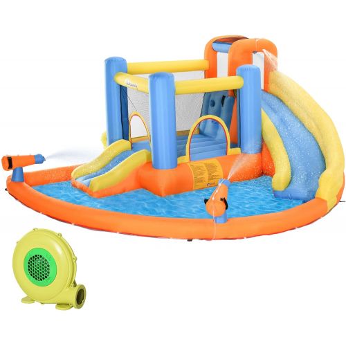  Outsunny Kids Inflatable Water Slide 5-in-1 Bounce House Water Park Jumping Castle with Water Pool, Slide, Climbing Walls, & 2 Water Cannons, 450W Air Blower