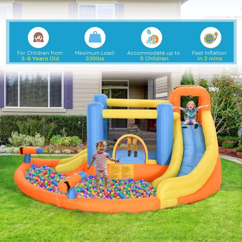  Outsunny Kids Inflatable Water Slide 5-in-1 Bounce House Water Park Jumping Castle with Water Pool, Slide, Climbing Walls, & 2 Water Cannons, 450W Air Blower