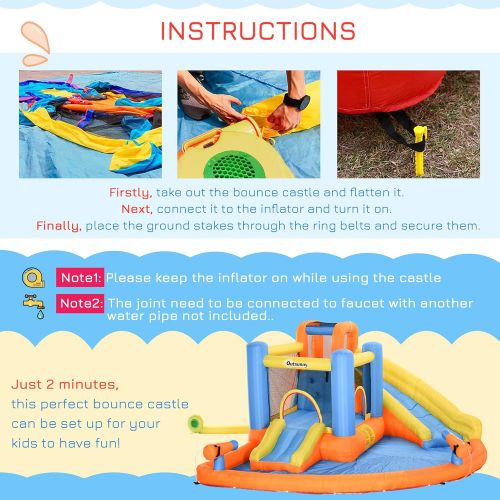  Outsunny Kids Inflatable Water Slide 5-in-1 Bounce House Water Park Jumping Castle with Water Pool, Slide, Climbing Walls, & 2 Water Cannons, 450W Air Blower