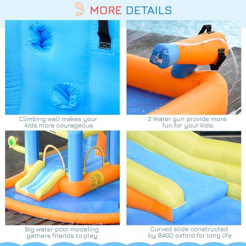  Outsunny Kids Inflatable Water Slide 5-in-1 Bounce House Water Park Jumping Castle with Water Pool, Slide, Climbing Walls, & 2 Water Cannons, 450W Air Blower