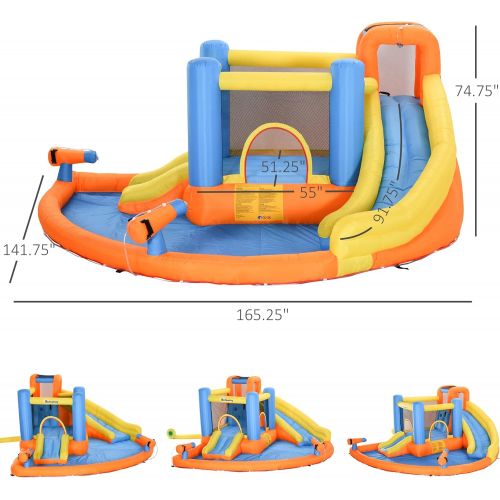  Outsunny Kids Inflatable Water Slide 5-in-1 Bounce House Water Park Jumping Castle with Water Pool, Slide, Climbing Walls, & 2 Water Cannons, 450W Air Blower