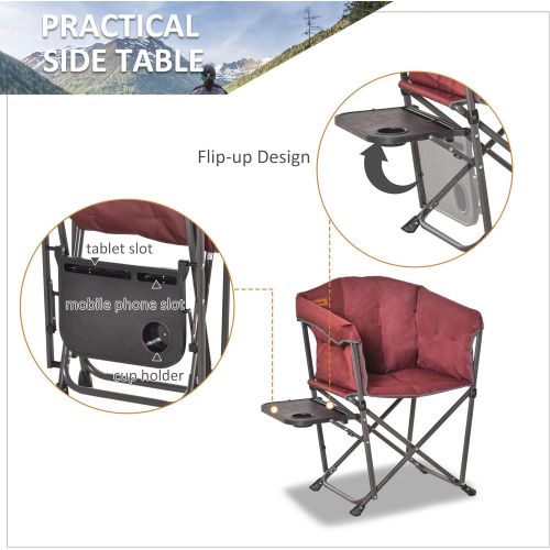  Outsunny Outdoor Director Chair, Folding Camping Chair with Thick Padded, Side Table and Heavy Duty Frame for Camping, Picnic, Beach, Hiking, Travel, Wine Red