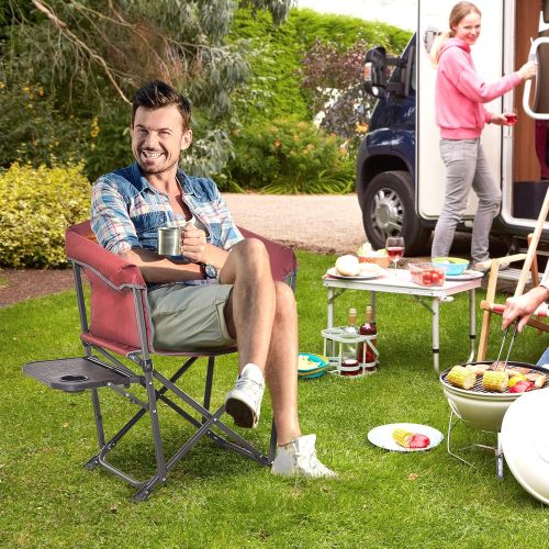  Outsunny Outdoor Director Chair, Folding Camping Chair with Thick Padded, Side Table and Heavy Duty Frame for Camping, Picnic, Beach, Hiking, Travel, Wine Red