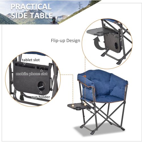  Outsunny Outdoor Director Chair, Folding Camping Chair with Thick Padded, Side Table and Heavy Duty Frame for Camping, Picnic, Beach, Hiking, Travel, Blue