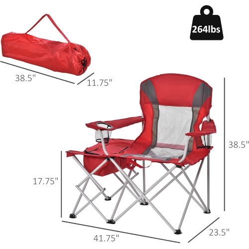  Outsunny Folding Camping Chair with Portable Insulation Table Bag, Two Cup Holders for Beach, Ice Fishing and Picnic, Red