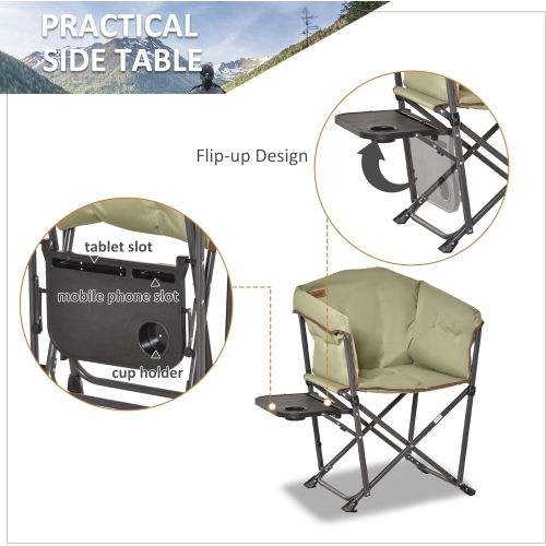  Outsunny Outdoor Director Chair, Folding Camping Chair with Thick Padded, Side Table and Heavy Duty Frame for Camping, Picnic, Beach, Hiking, Travel, Green