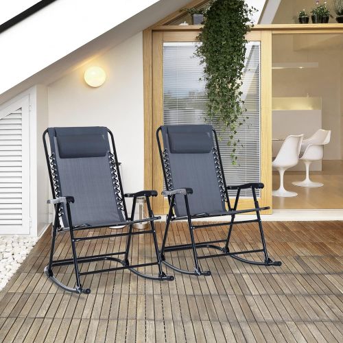  Outsunny Mesh Outdoor Patio Folding Rocking Chair Set - Grey