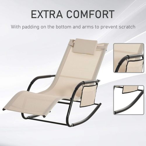  Outsunny Outdoor Rocking Chair, Patio Sling Sun Lounger, Pocket, Recliner Rocker, Lounge Chair with Detachable Pillow for Deck, Garden or Pool, Cream White