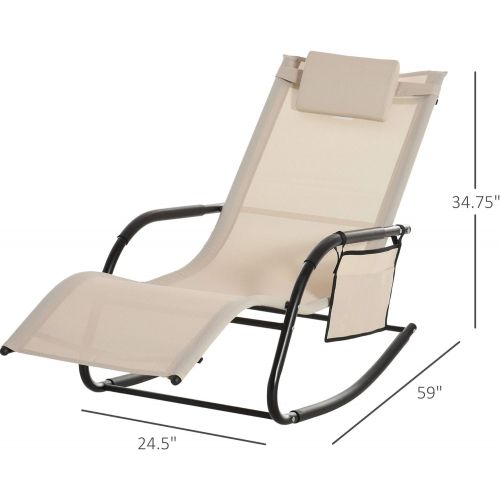  Outsunny Outdoor Rocking Chair, Patio Sling Sun Lounger, Pocket, Recliner Rocker, Lounge Chair with Detachable Pillow for Deck, Garden or Pool, Cream White
