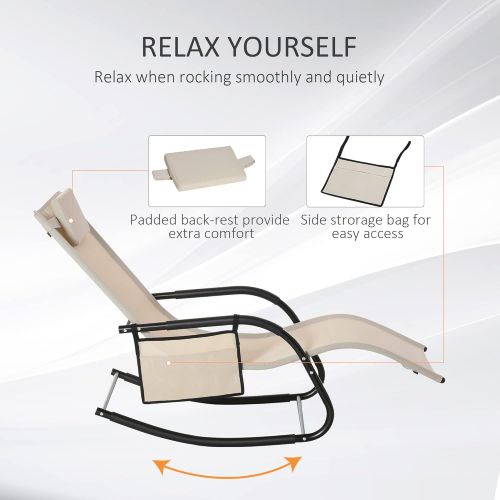  Outsunny Outdoor Rocking Chair, Patio Sling Sun Lounger, Pocket, Recliner Rocker, Lounge Chair with Detachable Pillow for Deck, Garden or Pool, Cream White