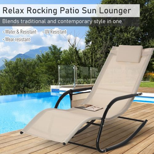  Outsunny Outdoor Rocking Chair, Patio Sling Sun Lounger, Pocket, Recliner Rocker, Lounge Chair with Detachable Pillow for Deck, Garden or Pool, Cream White