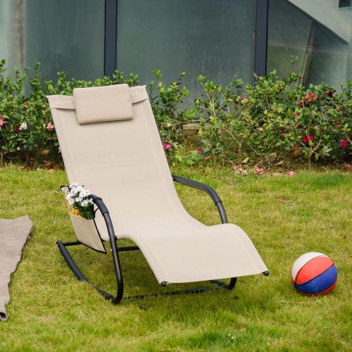  Outsunny Outdoor Rocking Chair, Patio Sling Sun Lounger, Pocket, Recliner Rocker, Lounge Chair with Detachable Pillow for Deck, Garden or Pool, Cream White