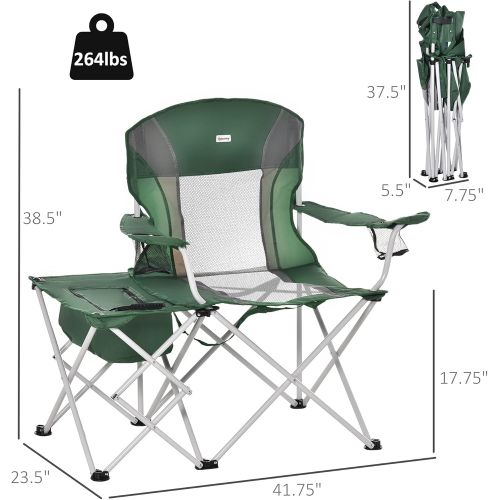 Outsunny Folding Camping Chair with Portable Insulation Table Bag, Two Cup Holders for Beach, Ice Fishing and Picnic, Green