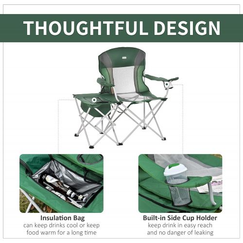  Outsunny Folding Camping Chair with Portable Insulation Table Bag, Two Cup Holders for Beach, Ice Fishing and Picnic, Green