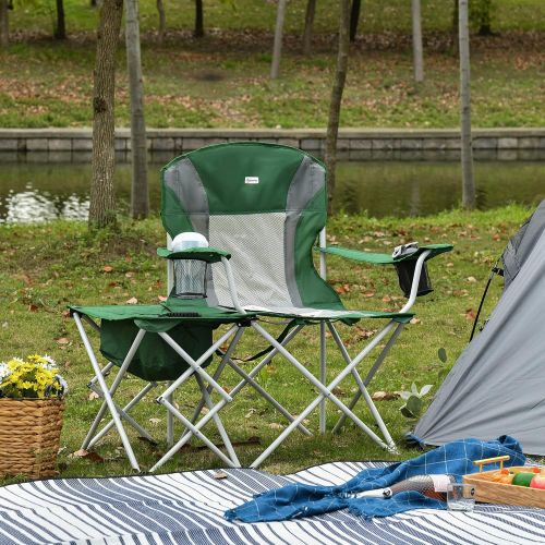  Outsunny Folding Camping Chair with Portable Insulation Table Bag, Two Cup Holders for Beach, Ice Fishing and Picnic, Green