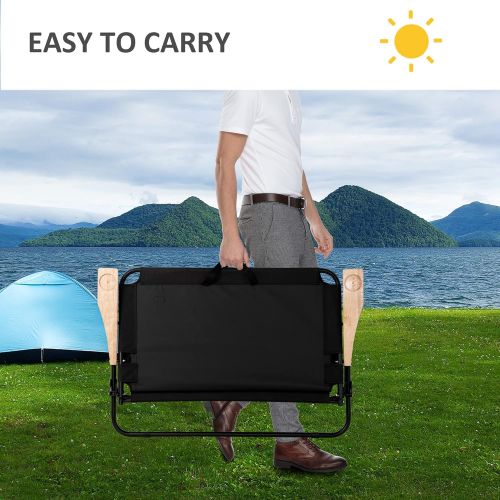  Outsunny Portable Folding Double Camping Chair Cup Holder, Loveseat for 2 Person, Outdoor Chair with Wood Armrest Beach Travel
