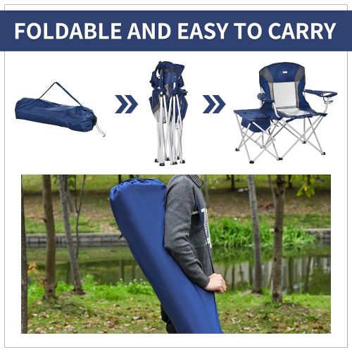  Outsunny Folding Camping Chair with Portable Insulation Table Bag, Two Cup Holders for Beach, Ice Fishing and Picnic, Navy Blue