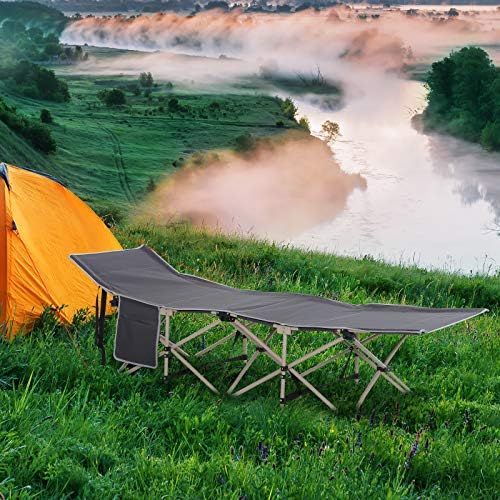  Outsunny Folding Camping Cots for Adults with Carry Bags, Side Pockets, Outdoor Portable Sleeping Bed for Travel Camp Vocation, Grey