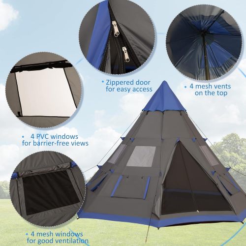  Outsunny 12Ft Camping Tent 6-7 Person 4 Season with 8 Mesh Windows, Outdoor Teepee Tent with Waterproof Material for Family and Friends Camping