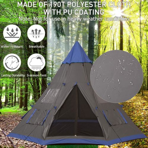  Outsunny 12Ft Camping Tent 6-7 Person 4 Season with 8 Mesh Windows, Outdoor Teepee Tent with Waterproof Material for Family and Friends Camping