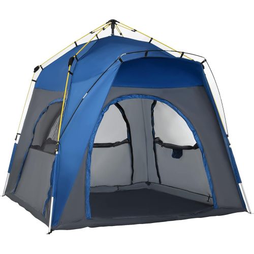  Outsunny Camping Tents 4 Person Pop Up Tent Quick Setup Automatic Hydraulic Family Travel Tent w/Windows, Doors Carry Bag Included