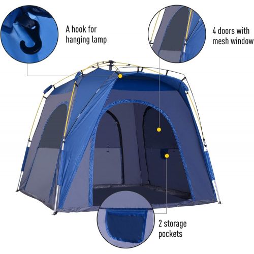  Outsunny Camping Tents 4 Person Pop Up Tent Quick Setup Automatic Hydraulic Family Travel Tent w/Windows, Doors Carry Bag Included