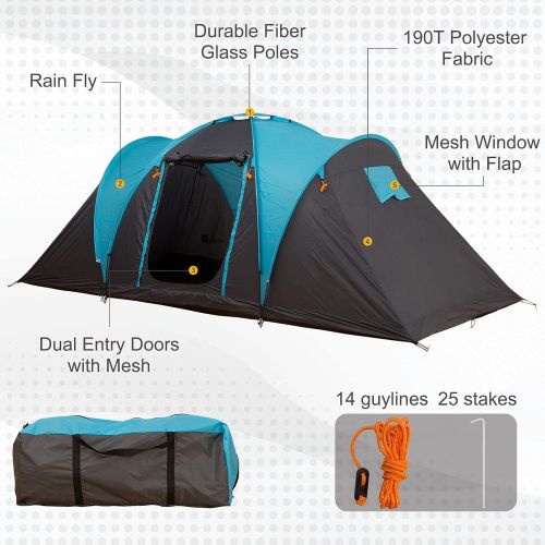  Outsunny 4 Person Family Camping Tent 3 Rooms 3-Season Water-Resistance 3000mm Polyester Outdoor Home Festival Hiking - Blue&Grey