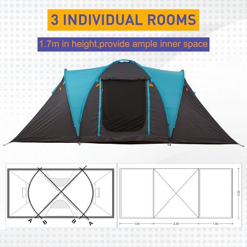  Outsunny 4 Person Family Camping Tent 3 Rooms 3-Season Water-Resistance 3000mm Polyester Outdoor Home Festival Hiking - Blue&Grey