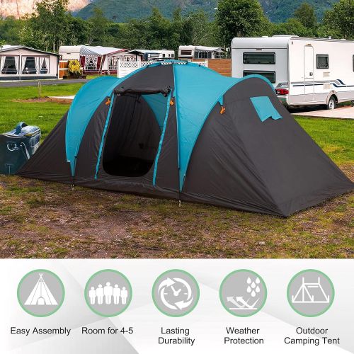  Outsunny 4 Person Family Camping Tent 3 Rooms 3-Season Water-Resistance 3000mm Polyester Outdoor Home Festival Hiking - Blue&Grey