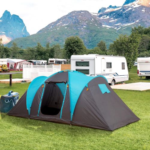  Outsunny 4 Person Family Camping Tent 3 Rooms 3-Season Water-Resistance 3000mm Polyester Outdoor Home Festival Hiking - Blue&Grey